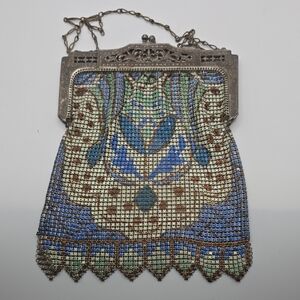 Whiting & Davis Blue and Brown Mesh Clutch with Ornate Design